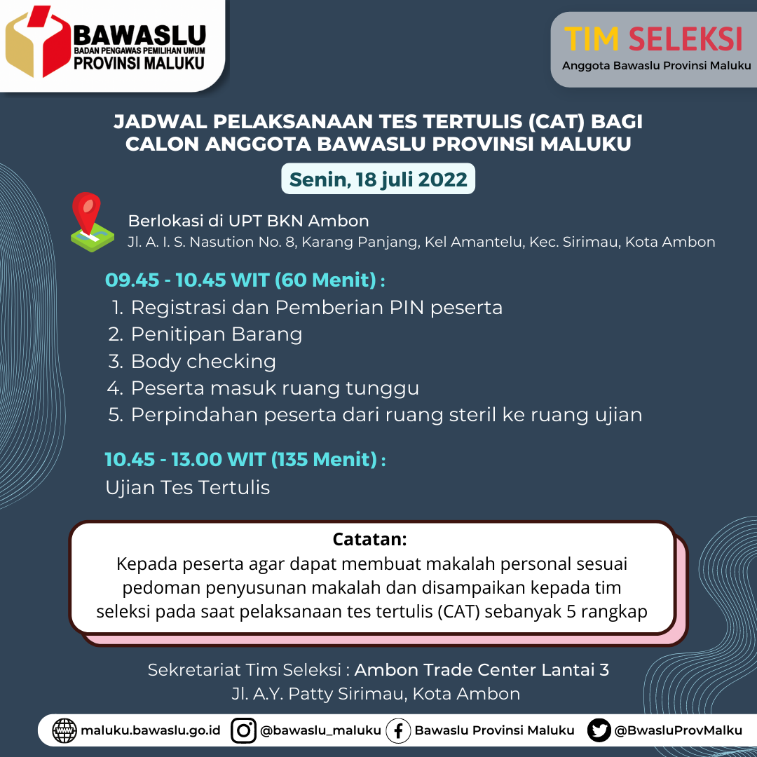 Jadwal Pelaksanaan Tes Tertulis CAT Calon Anggota Bawaslu Provinsi Maluku
