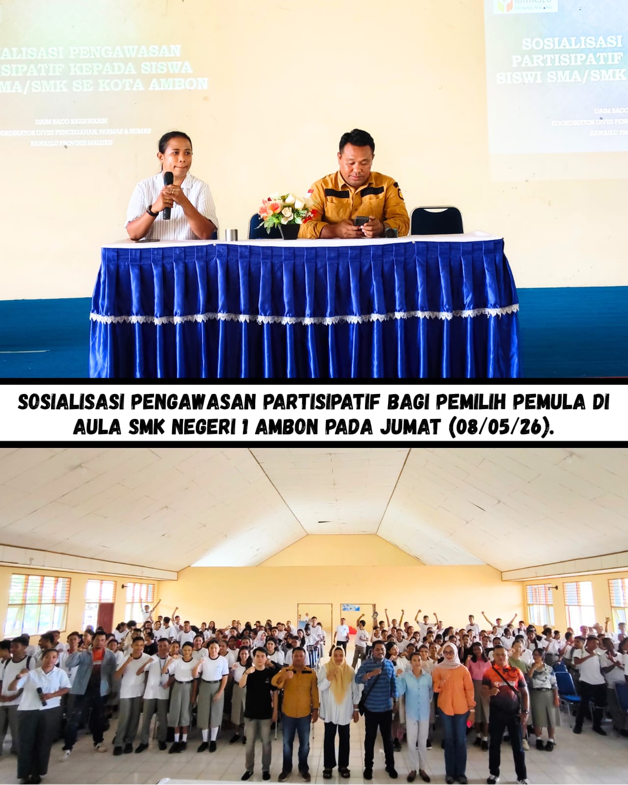 Sosialisasi pengawasan partisipatif bagi pemilih pemula di aula SMK Negeri 1 Ambon pada Jumat (08/05/26).