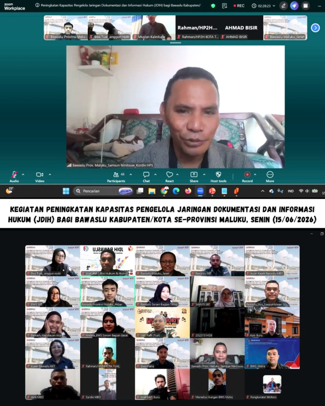 Kegiatan Peningkatan Kapasitas Pengelola Jaringan Dokumentasi dan Informasi Hukum (JDIH) bagi Bawaslu Kabupaten/Kota se-Maluku secara daring melalui Zoom Meeting, Senin (15/06/2026).