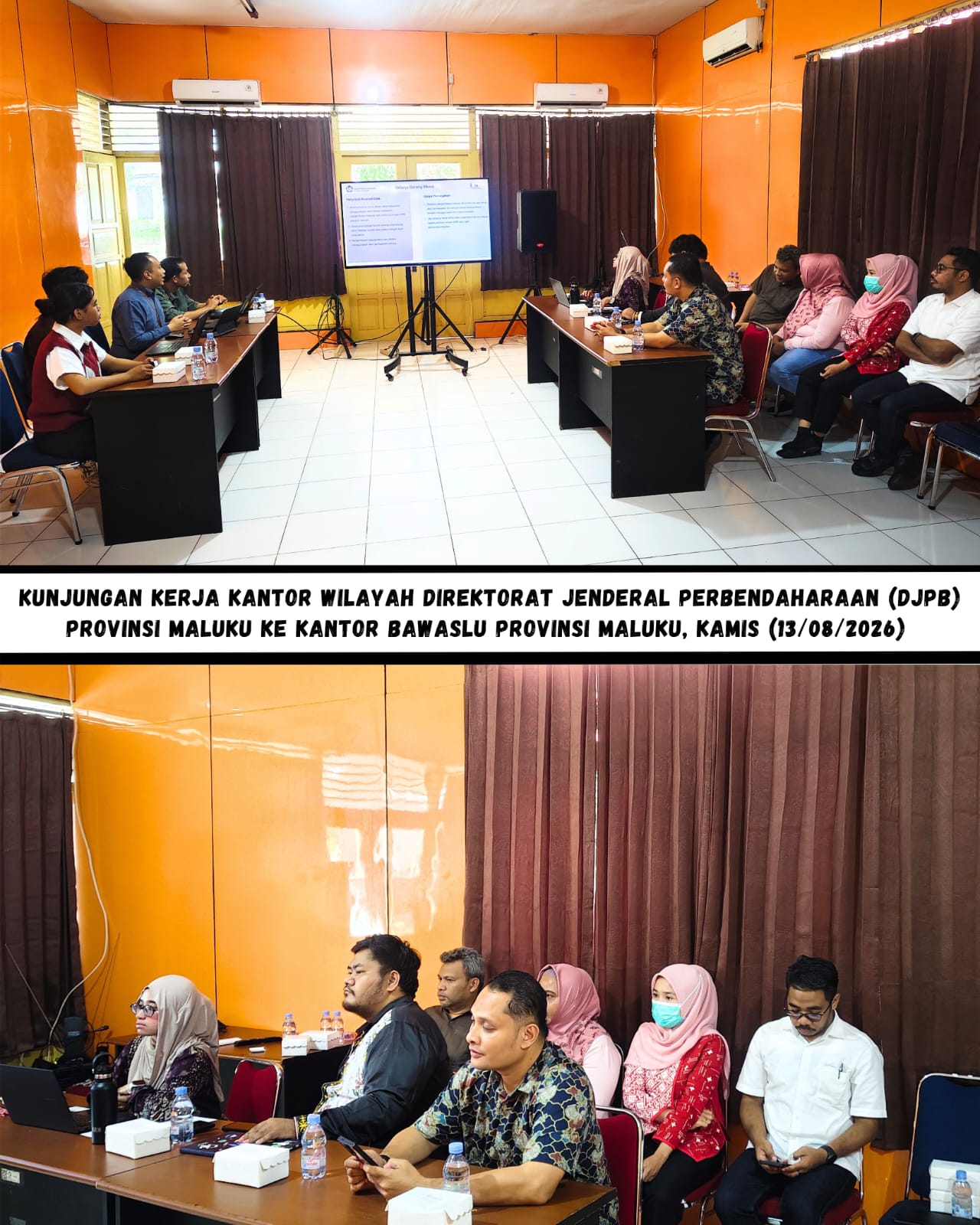 Kunjungan Kerja Kantor Wilayah Direktorat Jenderal Perbendaharaan (DJPb) Provinsi Maluku ke Kantor Bawaslu Provinsi Maluku, Kamis (13/8/2026).