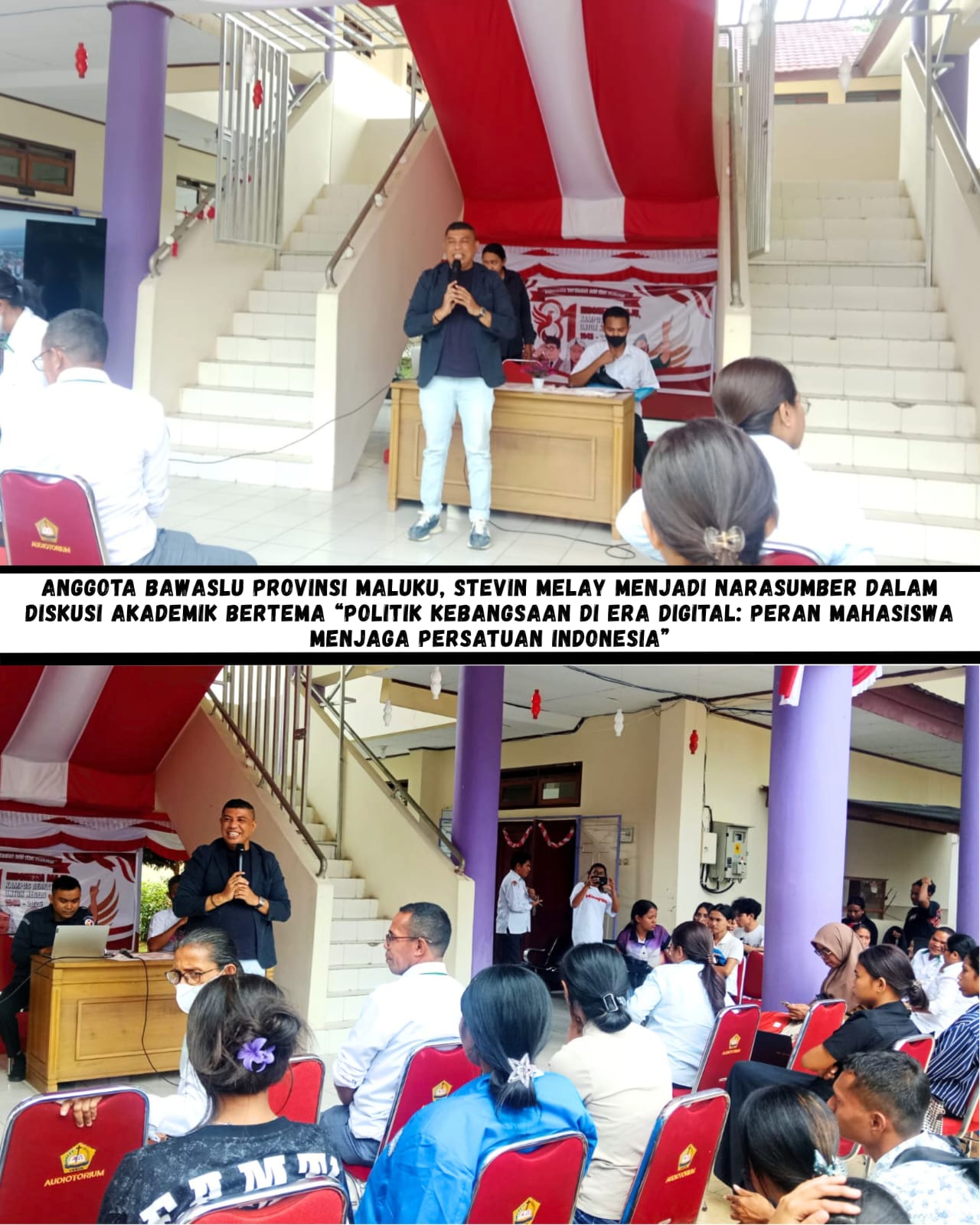 Anggota Bawaslu Provinsi Maluku, Stevin Melay menjadi narasumber dalam diskusi akademik bertema “Politik Kebangsaan di Era Digital: Peran Mahasiswa Menjaga Persatuan Indonesia” yang digelar Tim Bastory Teologi Program Studi Teologi, Fakultas Ilmu Sosial Keagamaan (FISK), Institut Agama Kristen Negeri (IAKN) Ambon, Senin (24/08/26). 