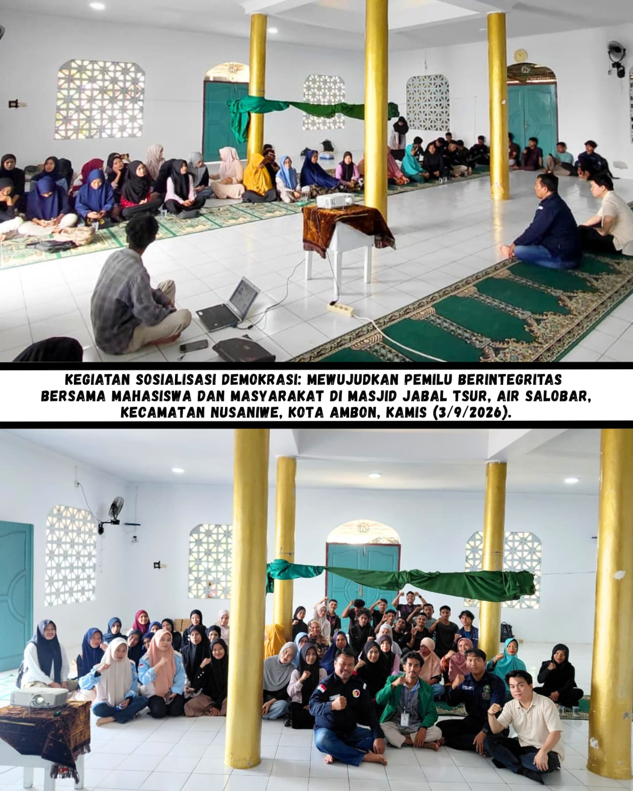Kegiatan Sosialisasi Demokrasi: Mewujudkan Pemilu Berintegritas yang digelar di Masjid Jabal Tsur, Air Salobar, Kecamatan Nusaniwe, Kota Ambon, Kamis (3/9/2026).