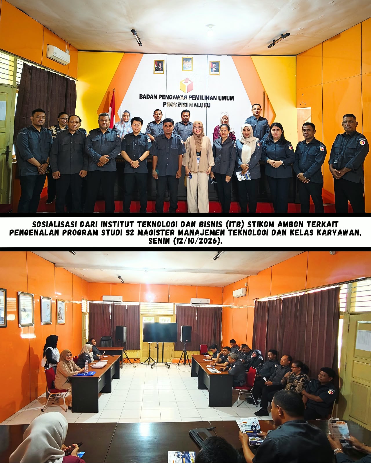 Bawaslu Provinsi Maluku menerima Sosialisasi dari Institut Teknologi Dan Bisnis (ITB) STIKOM Ambon terkait pengenalan Program Studi S2 Magister Manajemen Teknologi dan kelas karyawan, Senin (12/10/2026).