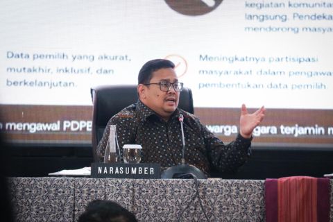 Ketua Bawaslu Rahmat Bagja saat menjadi narasumber dalam Rapat Koordinasi Rekonsiliasi PDPB bersama KPU Provinsi se-Indonesia, di Bali, Jumat (19/6/2026).