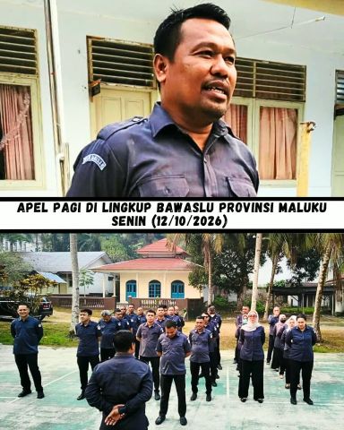 Anggota Bawaslu Provinsi Maluku, Daim B. Rahawarin, saat memimpin apel pagi di Lapangan Upacara Bawaslu Provinsi Maluku, Senin (12/10/2026).