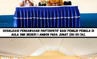 Sosialisasi pengawasan partisipatif bagi pemilih pemula di aula SMK Negeri 1 Ambon pada Jumat (08/05/26).