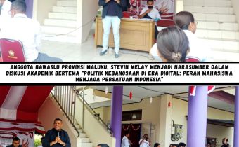 Anggota Bawaslu Provinsi Maluku, Stevin Melay menjadi narasumber dalam diskusi akademik bertema “Politik Kebangsaan di Era Digital: Peran Mahasiswa Menjaga Persatuan Indonesia” yang digelar Tim Bastory Teologi Program Studi Teologi, Fakultas Ilmu Sosial Keagamaan (FISK), Institut Agama Kristen Negeri (IAKN) Ambon, Senin (24/08/26). 